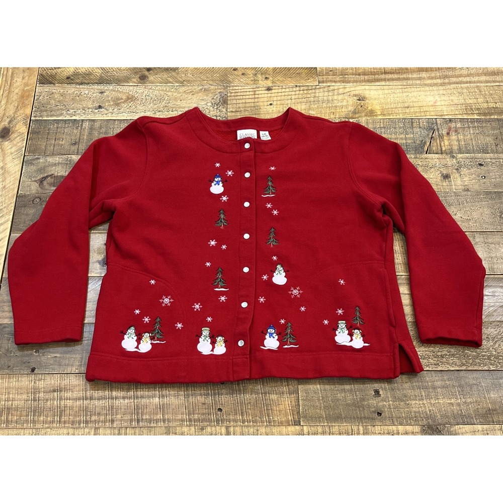 VTG Christmas Cardigan Sweater Embroidered Snowman Classic Elements Sz L 14-16